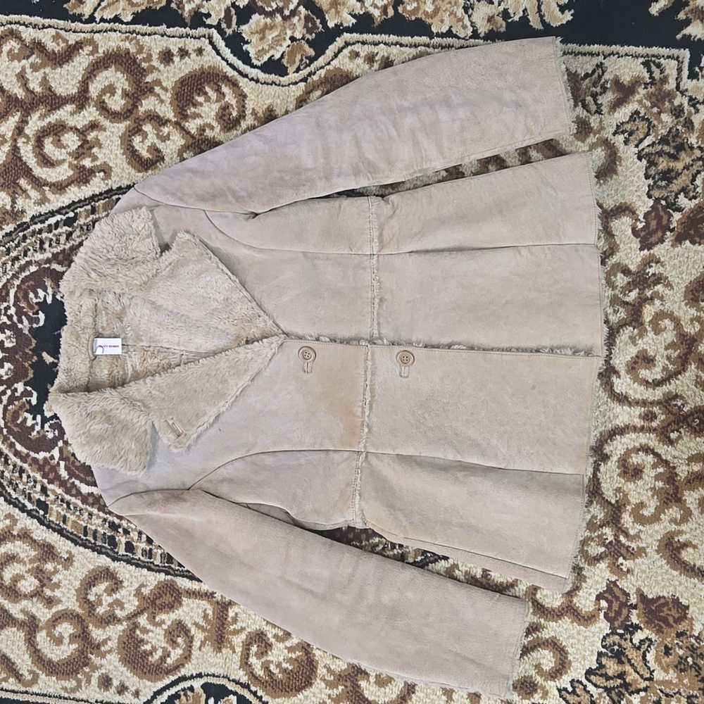 Y2K Suzy Shier Suede Coat Faux Fur Collar Boho Hippie Retro 2000 Leather Jacket